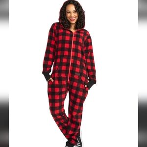Tipsy Elves Lumberjack Jumpsuit Red and Black Buffalo Plaid Hooded Onesie